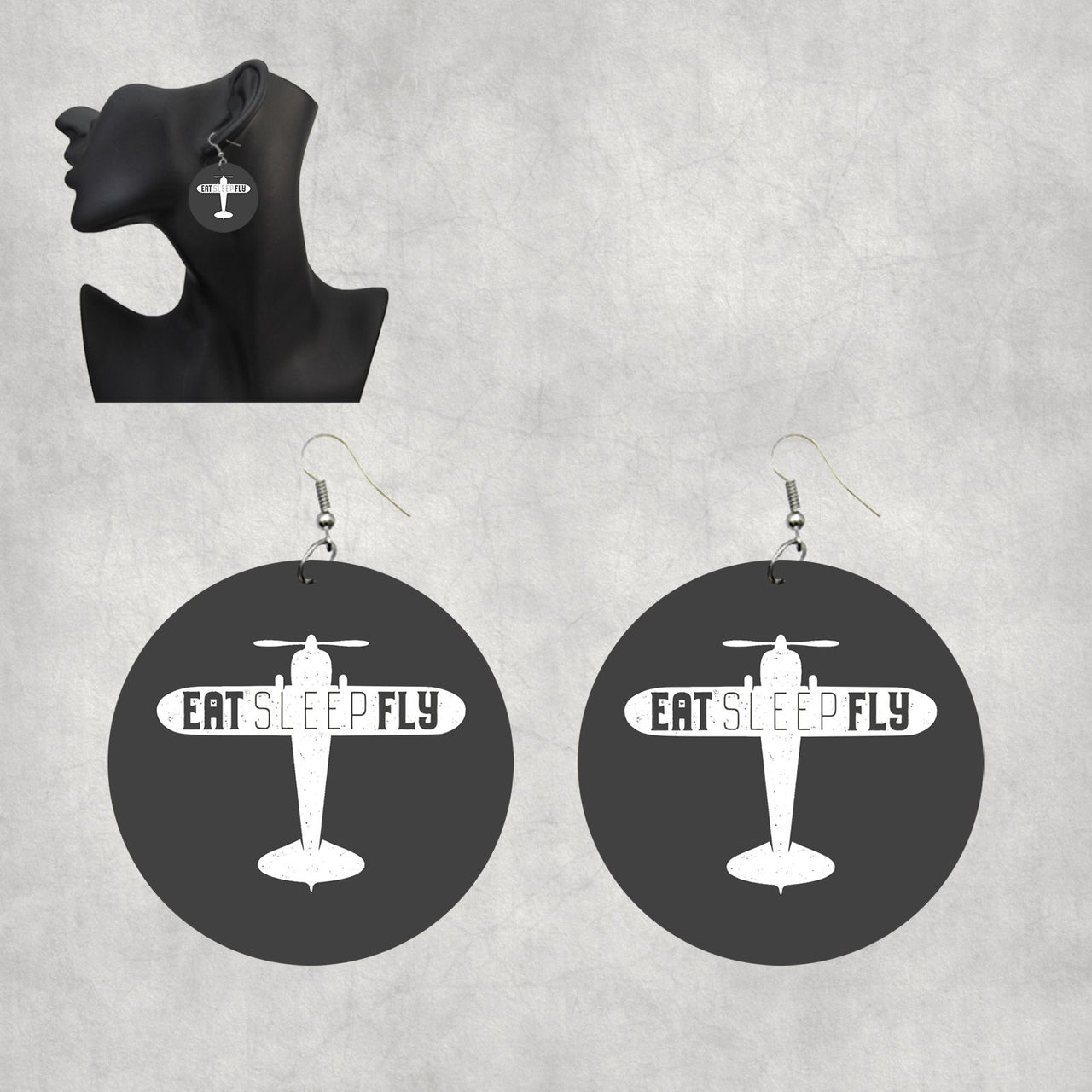 Eat Sleep Fly & Propeller Designed Wooden Drop Earrings