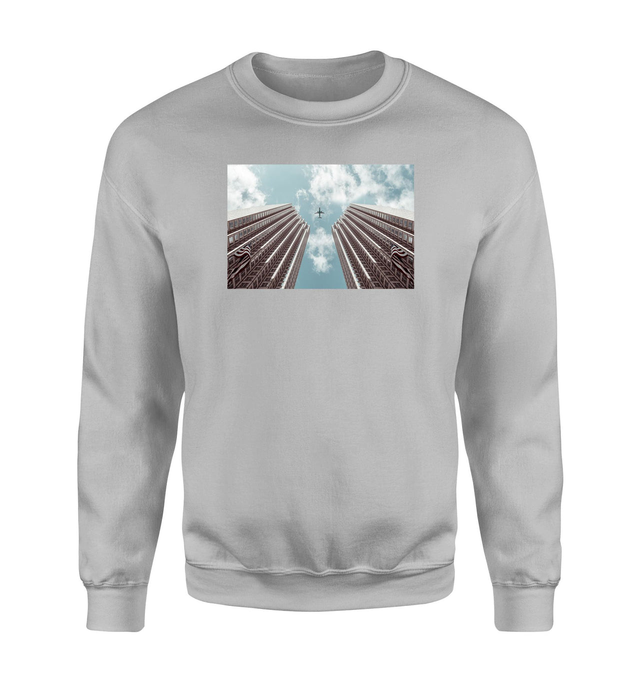 Airplane Flying over Big Buildings Designed Sweatshirts