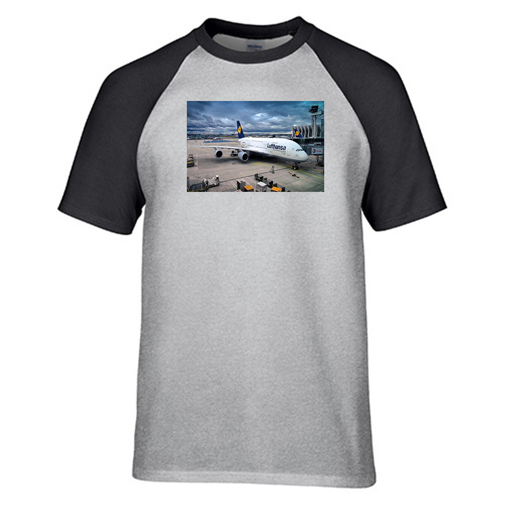 Lufthansa's A380 At The Gate Designed Raglan T-Shirts