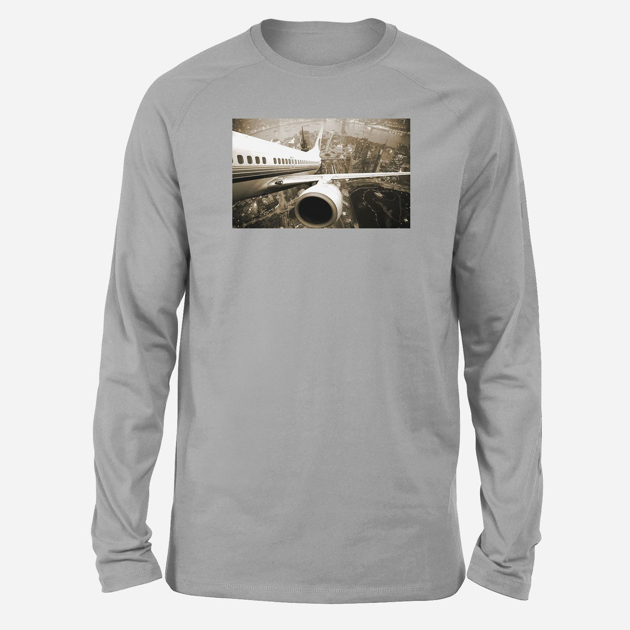 Departing Aircraft & City Scene behind Designed Long-Sleeve T-Shirts