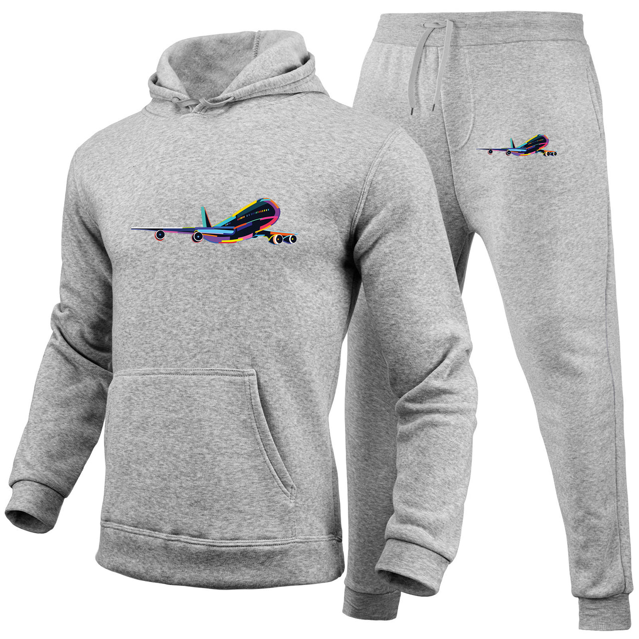 Multicolor Airplane Designed Hoodies & Sweatpants Set