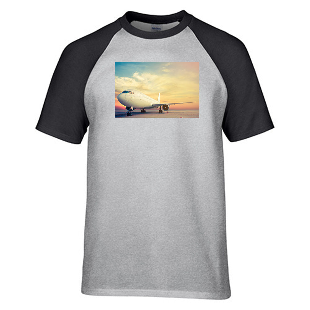 Parked Aircraft During Sunset Designed Raglan T-Shirts
