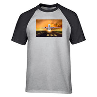 Thumbnail for Amazing Departing Aircraft Sunset & Clouds Behind Designed Raglan T-Shirts
