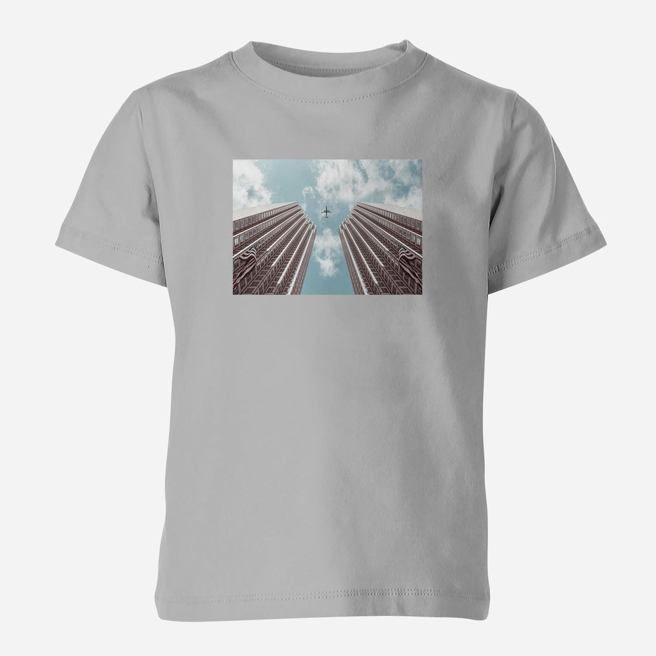 Airplane Flying over Big Buildings Designed Children T-Shirts