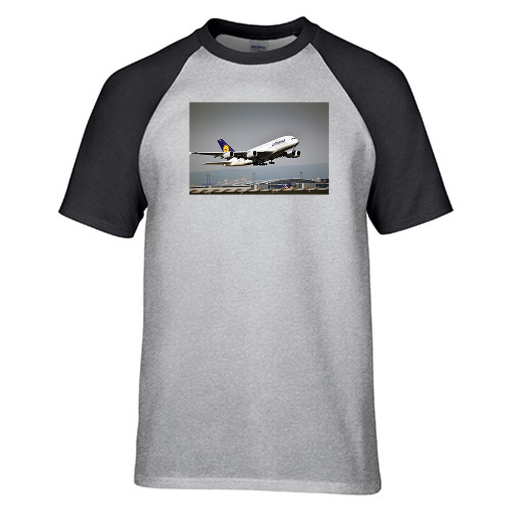 Departing Lufthansa A380 Designed Raglan T-Shirts