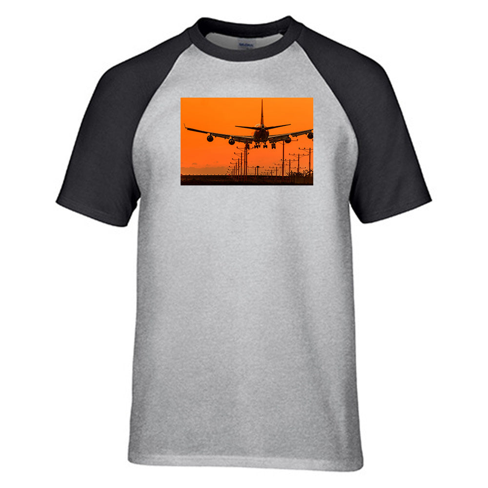 Close up to Boeing 747 Landing at Sunset Designed Raglan T-Shirts