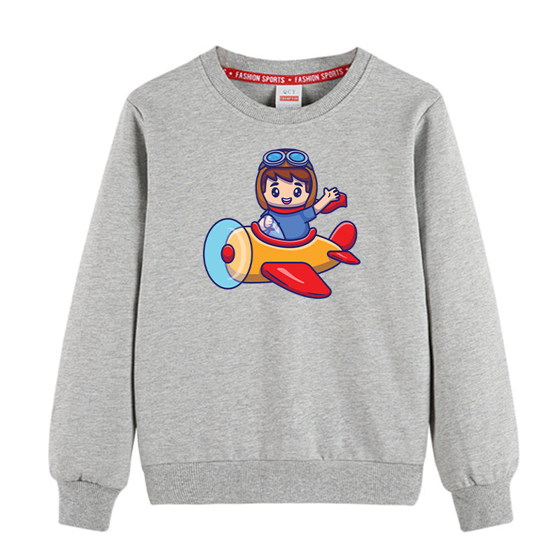 Cute Boy Driving Plane Cartoon Designed "CHILDREN" Sweatshirts