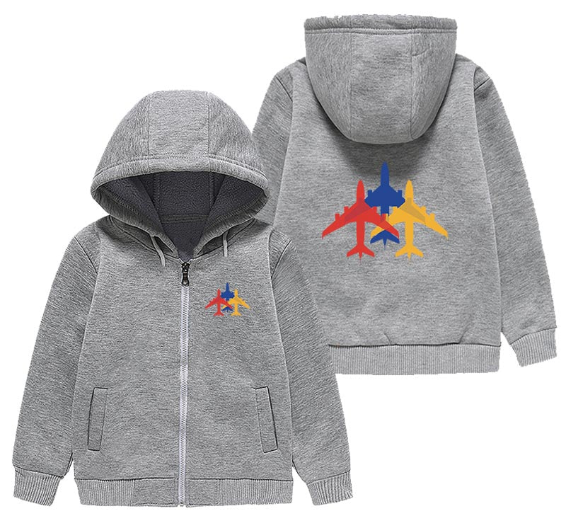 Colourful 3 Airplanes Designed "CHILDREN" Zipped Hoodies