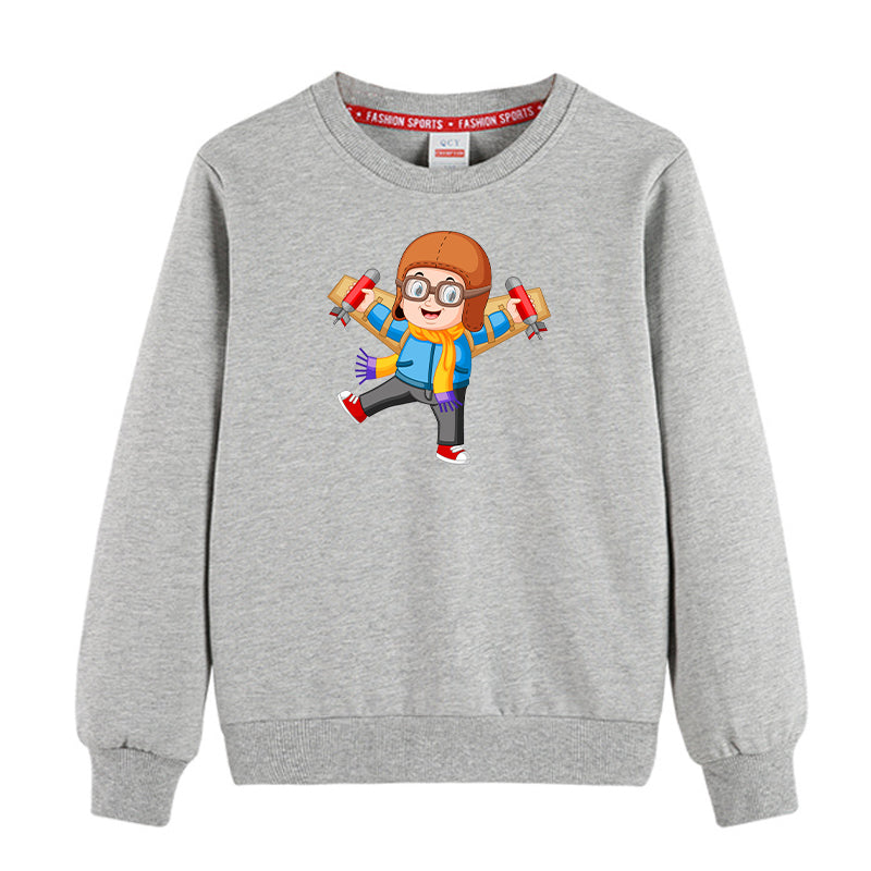 Cute Little Boy Pilot Costume Playing With Wings Designed "CHILDREN" Sweatshirts