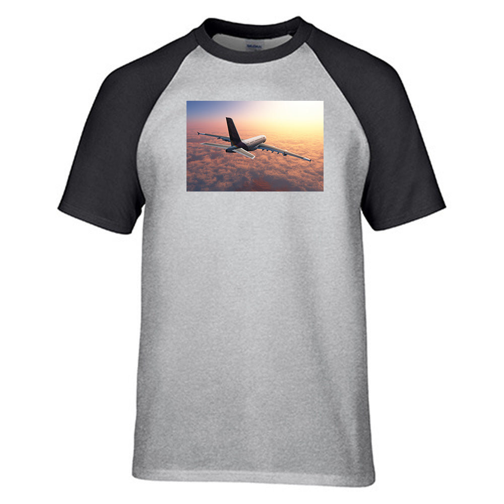 Super Cruising Airbus A380 over Clouds Designed Raglan T-Shirts