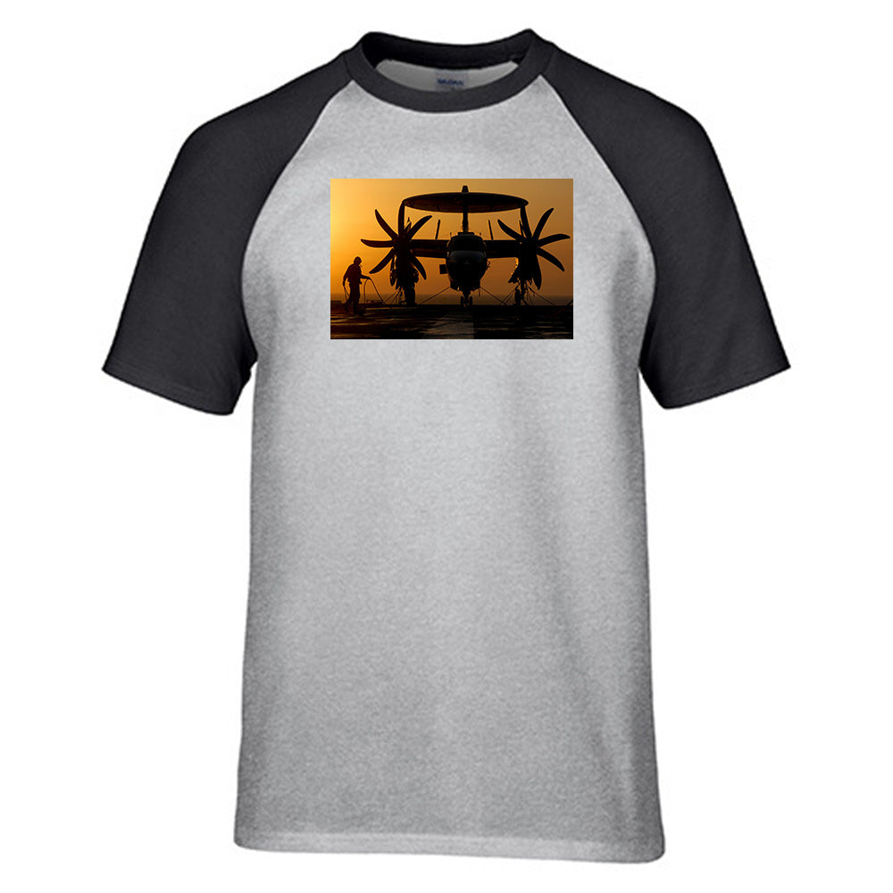 Military Plane at Sunset Designed Raglan T-Shirts