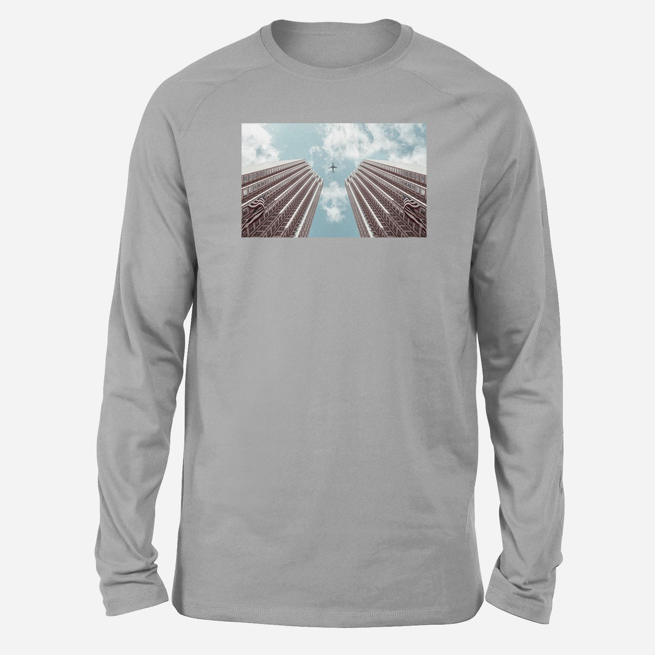 Airplane Flying over Big Buildings Designed Long-Sleeve T-Shirts