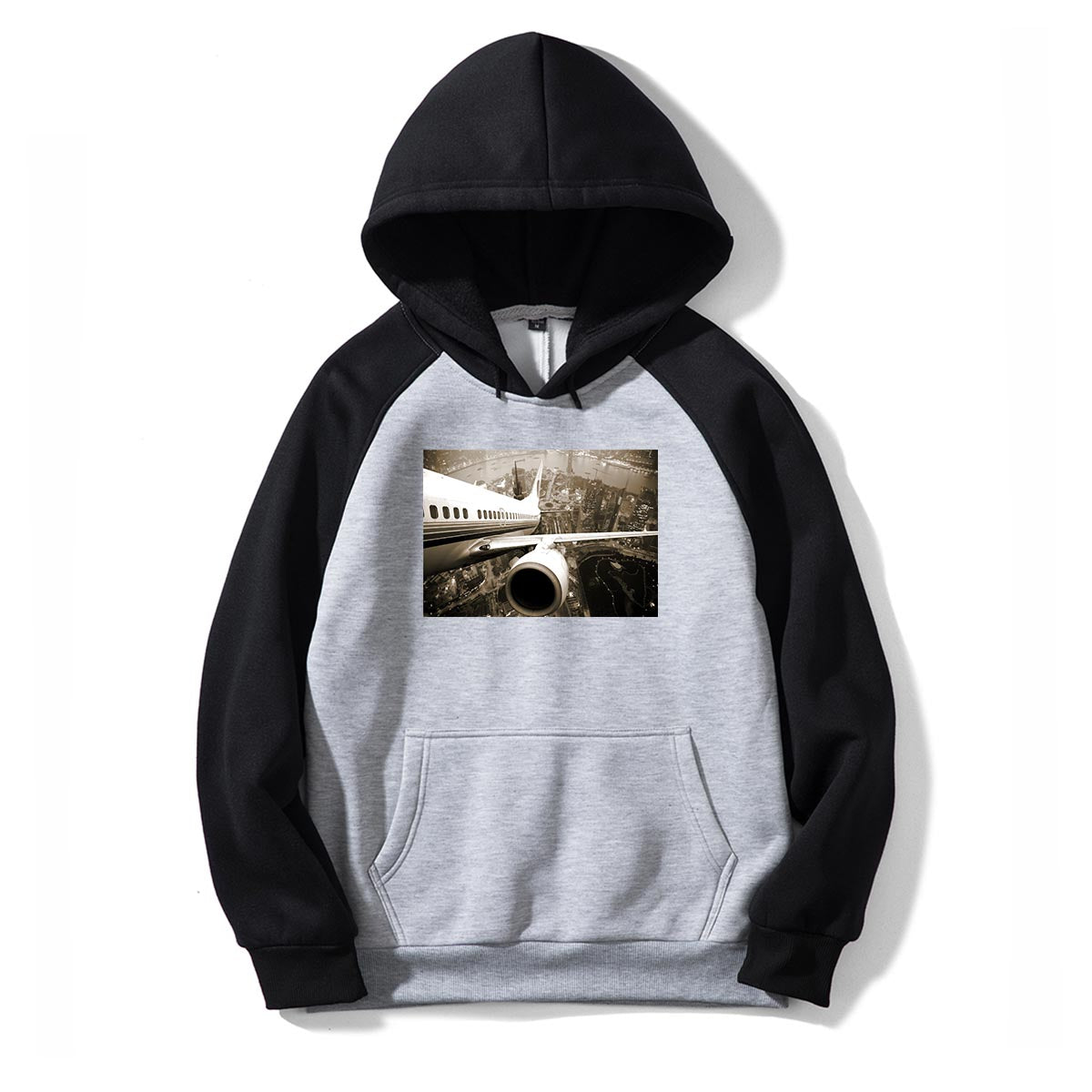 Departing Aircraft & City Scene behind Designed Colourful Hoodies