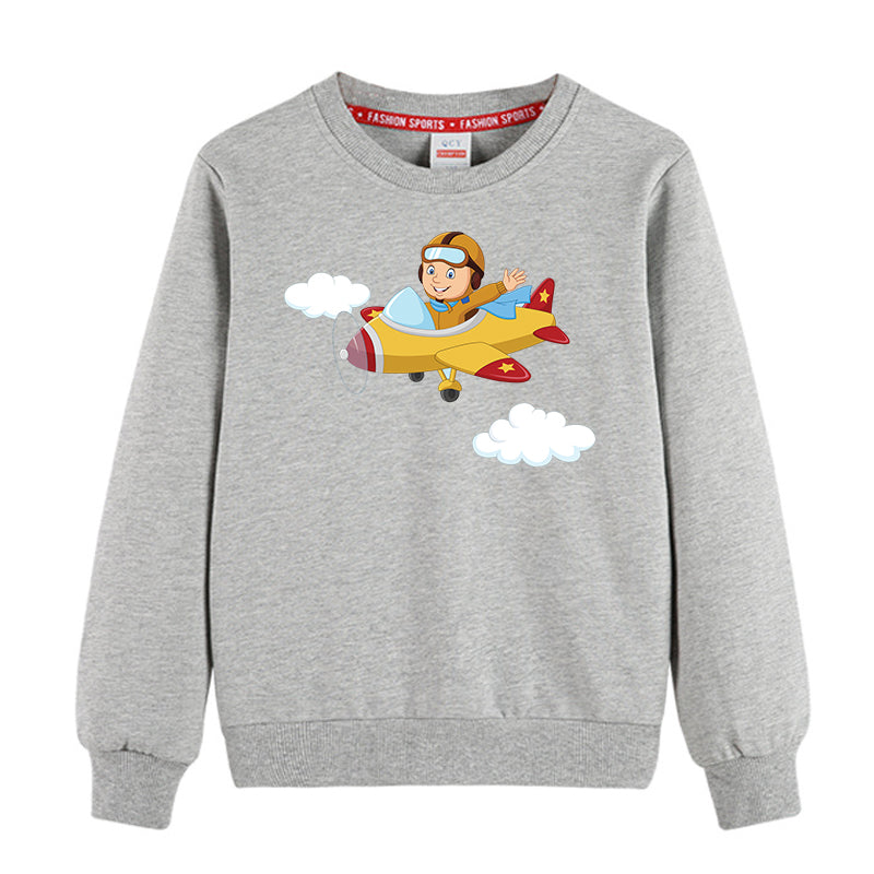 Cartoon Little Boy Operating Plane Designed "CHILDREN" Sweatshirts