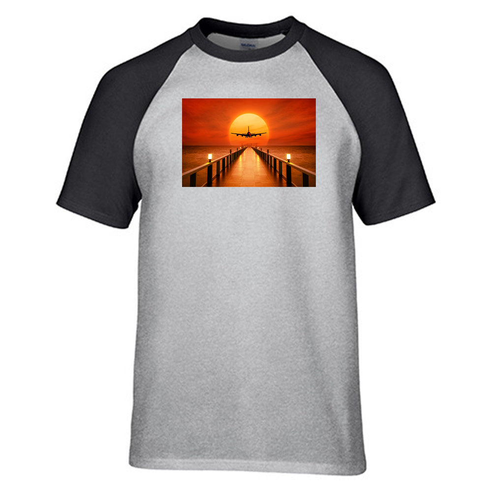 Airbus A380 Towards Sunset Designed Raglan T-Shirts