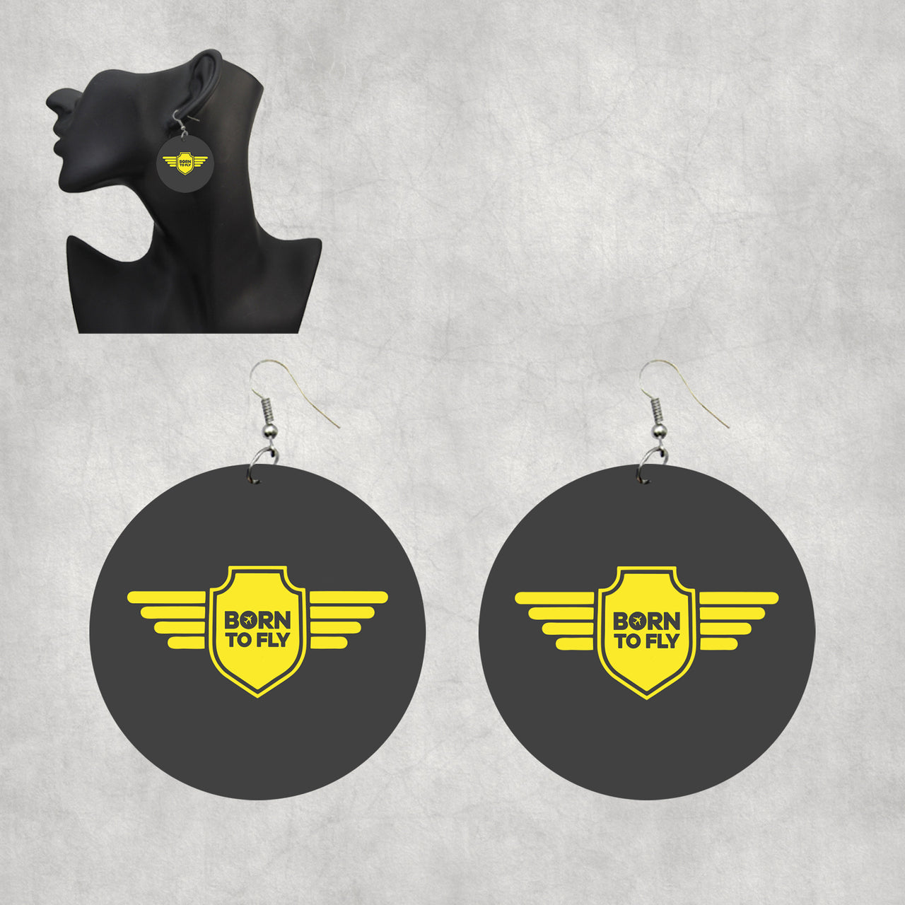 Born To Fly & Badge Designed Wooden Drop Earrings