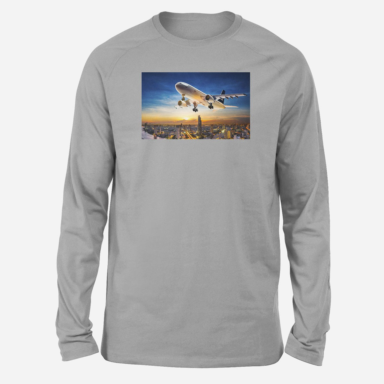 Super Aircraft over City at Sunset Designed Long-Sleeve T-Shirts