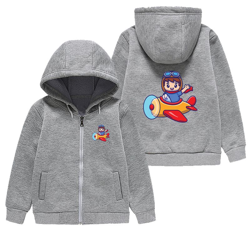 Cute Boy Driving Plane Cartoon Designed "CHILDREN" Zipped Hoodies