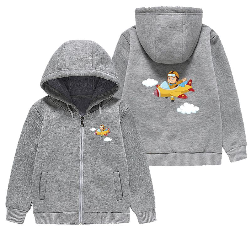 Cartoon Little Boy Operating Plane Designed "CHILDREN" Zipped Hoodies