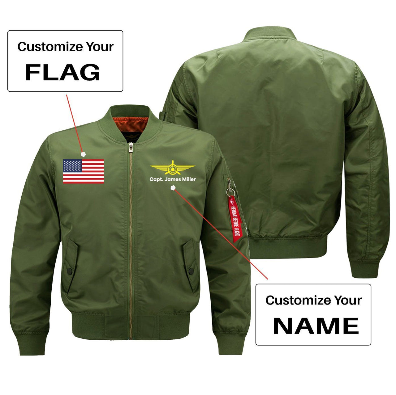 Custom Flag & Name with Badge 3 Designed Pilot Jackets Pilot Eyes Store Green (Thin) S (US XXS) 