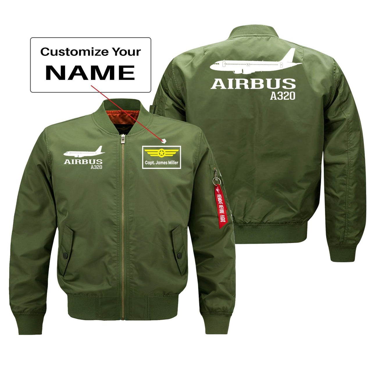 Airbus A320 Printed Pilot Jackets (Customizable) Pilot Eyes Store Green (Thin) + Name M (US XS) 
