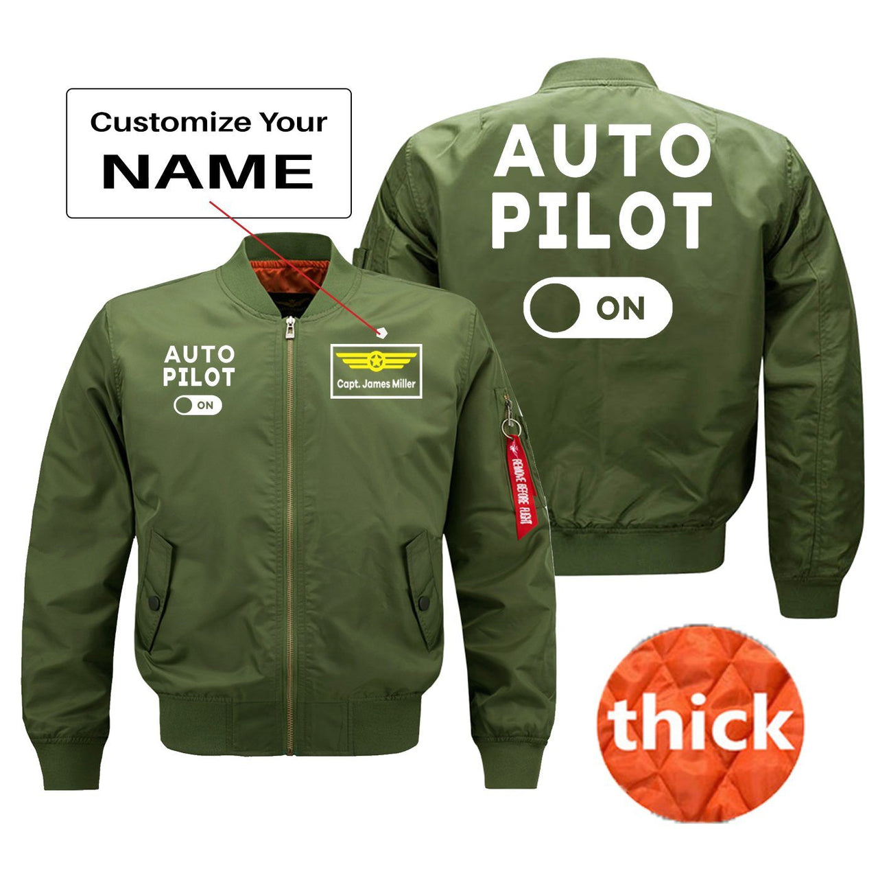 Auto Pilot ON Designed Pilot Jackets (Customizable) Pilot Eyes Store Green (Thick) + Name M (US XS) 