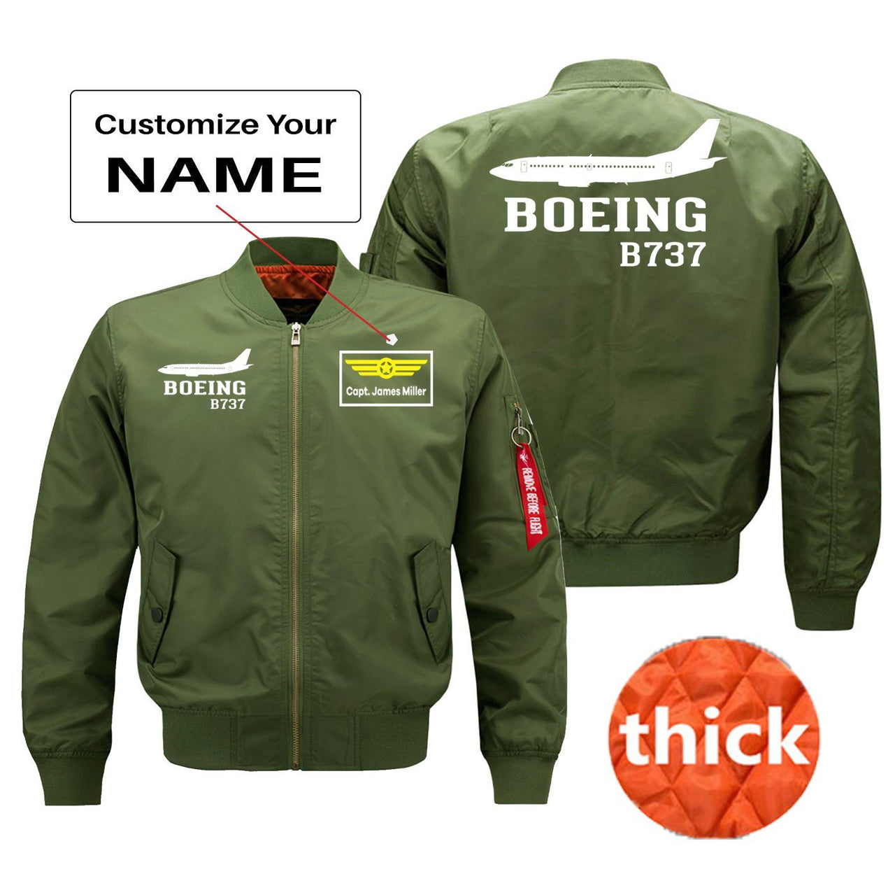 Boeing 737 Printed Pilot Jackets (Customizable) Pilot Eyes Store Green (Thick) + Name M (US XS) 