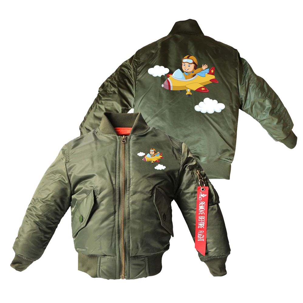 Cartoon Little Boy Operating Plane Designed Children Bomber Jackets