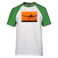 Thumbnail for Close up to Boeing 747 Landing at Sunset Designed Raglan T-Shirts