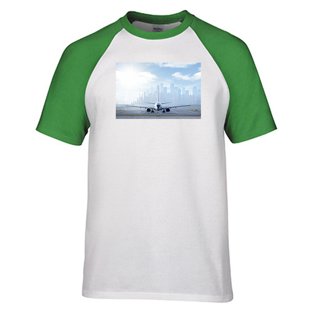 Boeing 737 & City View Behind Designed Raglan T-Shirts