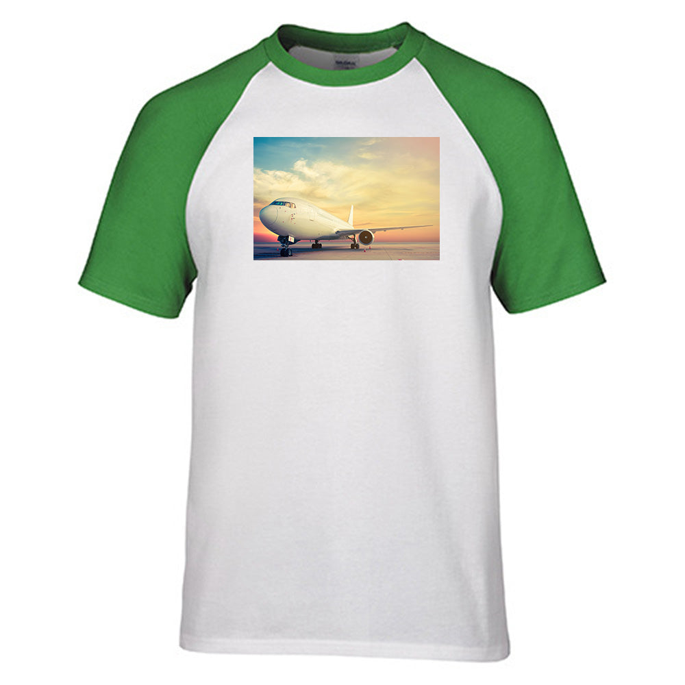 Parked Aircraft During Sunset Designed Raglan T-Shirts