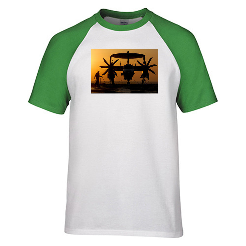 Military Plane at Sunset Designed Raglan T-Shirts