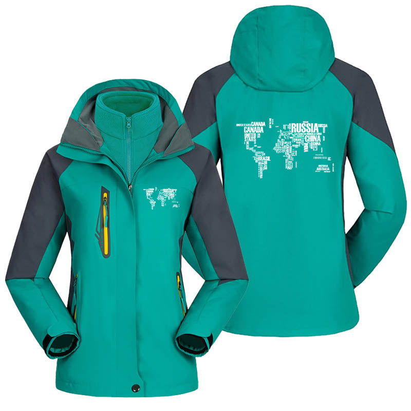 World Map (Text) Designed Thick "WOMEN" Skiing Jackets