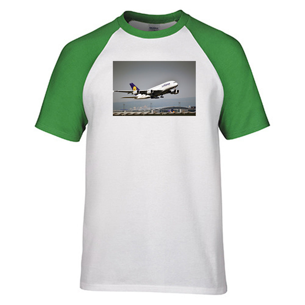 Departing Lufthansa A380 Designed Raglan T-Shirts
