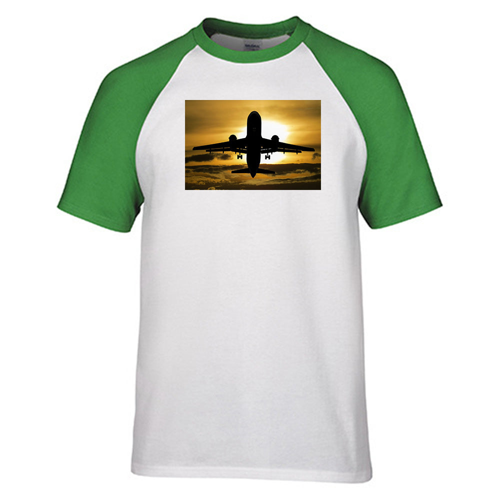 Departing Passanger Jet During Sunset Designed Raglan T-Shirts
