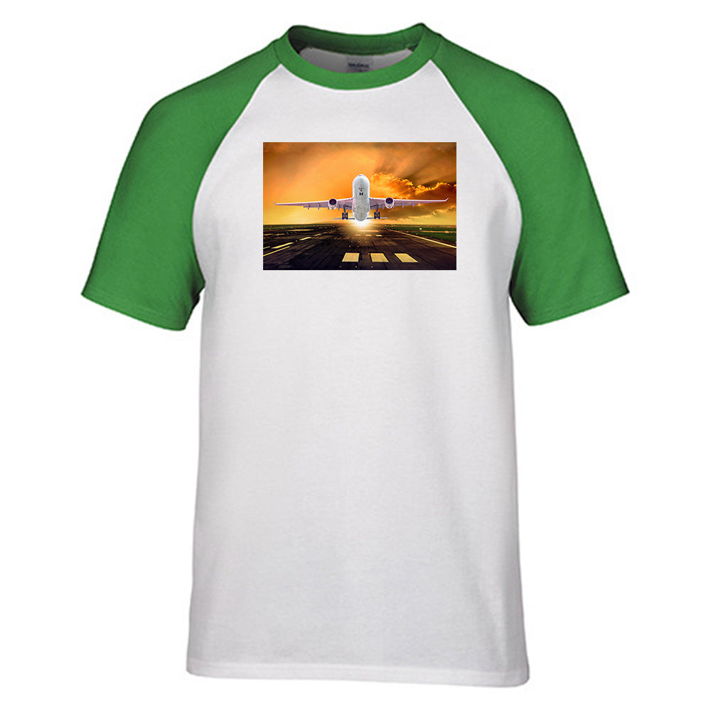 Amazing Departing Aircraft Sunset & Clouds Behind Designed Raglan T-Shirts