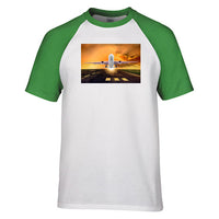 Thumbnail for Amazing Departing Aircraft Sunset & Clouds Behind Designed Raglan T-Shirts