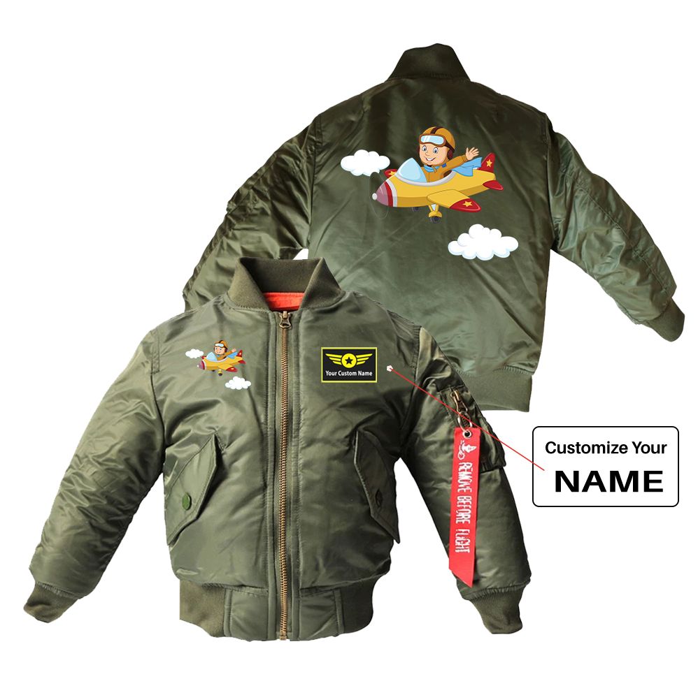 Cartoon Little Boy Operating Plane Designed Children Bomber Jackets
