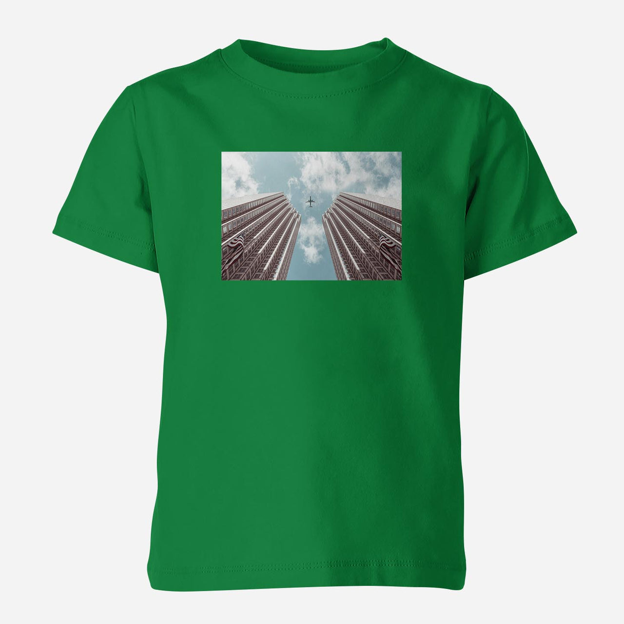 Airplane Flying over Big Buildings Designed Children T-Shirts