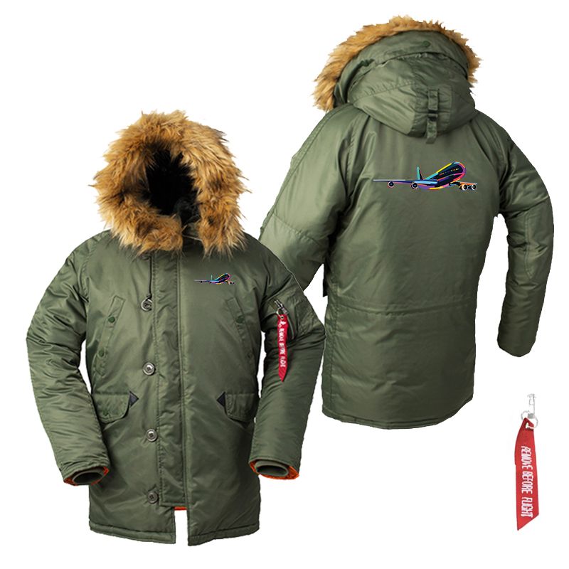 Multicolor Airplane Designed Parka Bomber Jackets