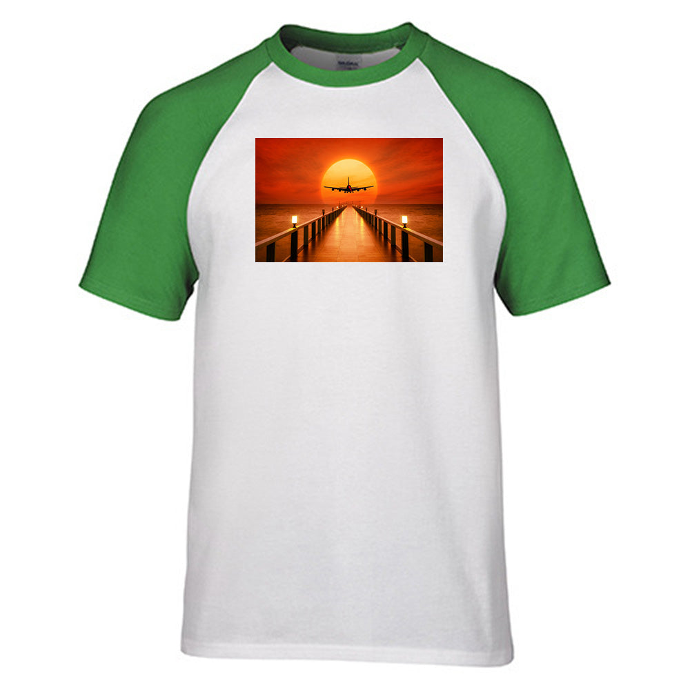 Airbus A380 Towards Sunset Designed Raglan T-Shirts