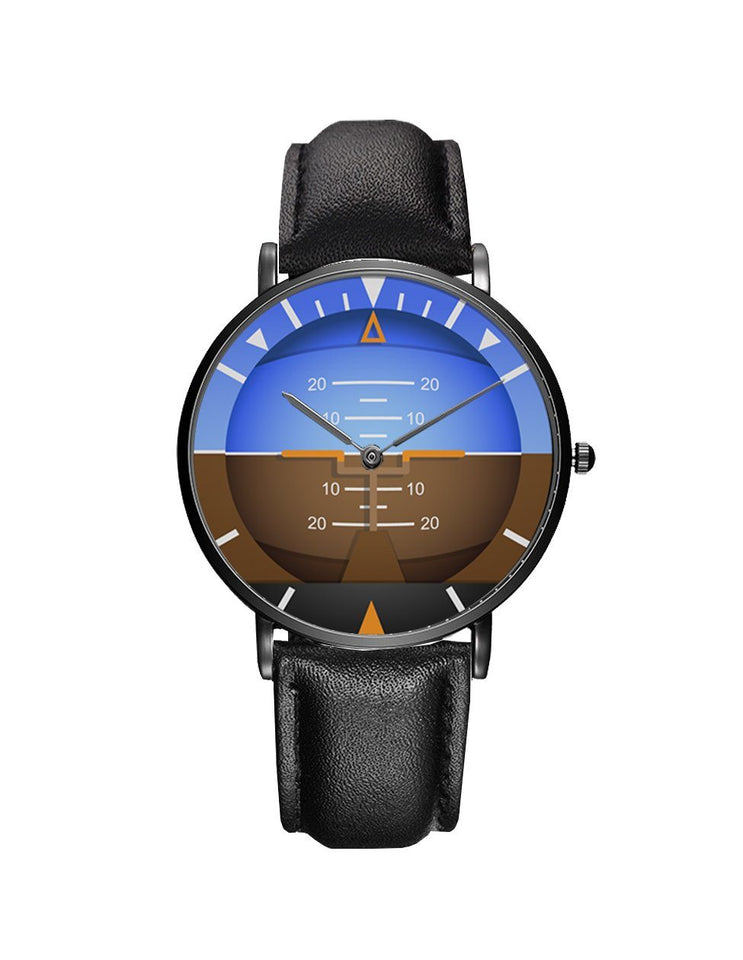 Airplane Instrument Series (Gyro Horizon 2) Leather Strap Watches Pilot Eyes Store Black & Black Leather Strap 