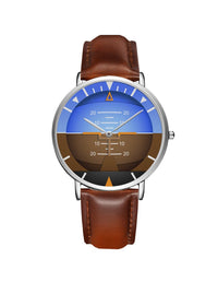 Thumbnail for Airplane Instrument Series (Gyro Horizon 2) Leather Strap Watches Pilot Eyes Store Silver & Brown Leather Strap 