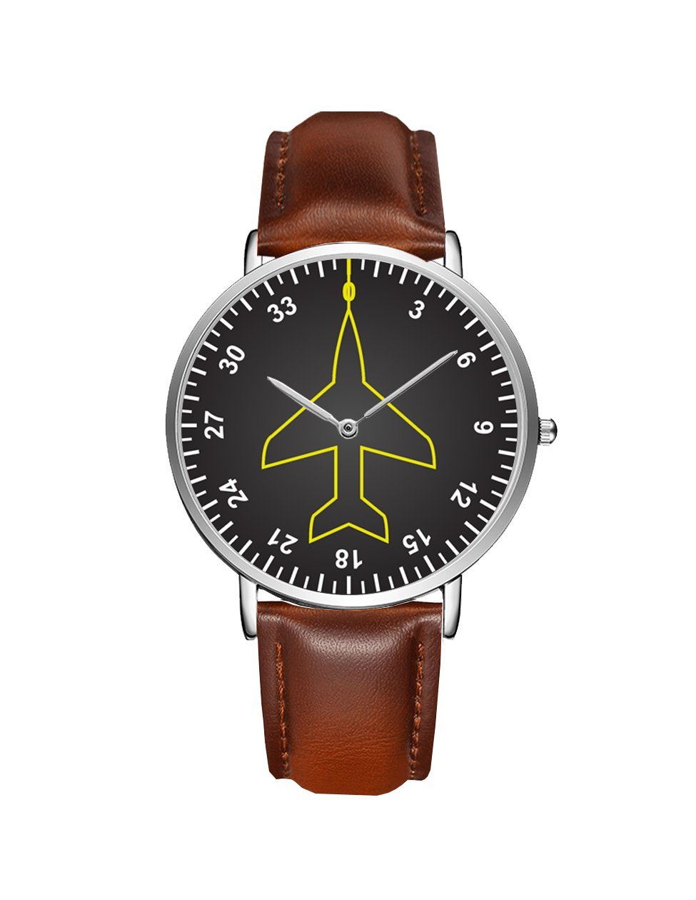 Airplane Instrument Series (Heading) Leather Strap Watches Pilot Eyes Store Silver & Brown Leather Strap 