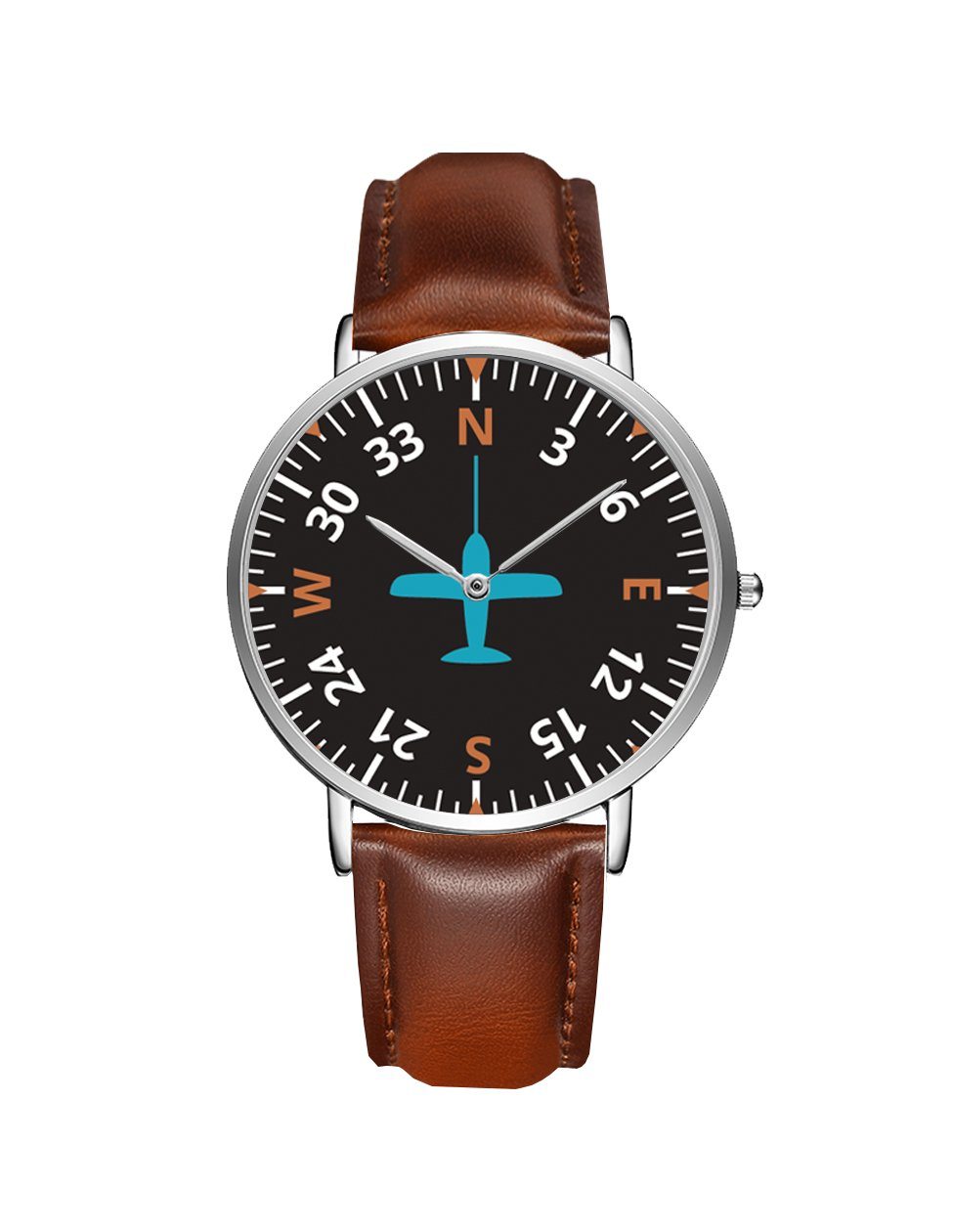 Airplane Instrument Series (Heading2) Leather Strap Watches Pilot Eyes Store Silver & Brown Leather Strap 