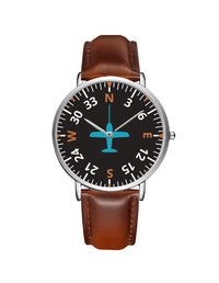 Thumbnail for Airplane Instrument Series (Heading2) Leather Strap Watches Pilot Eyes Store Silver & Brown Leather Strap 