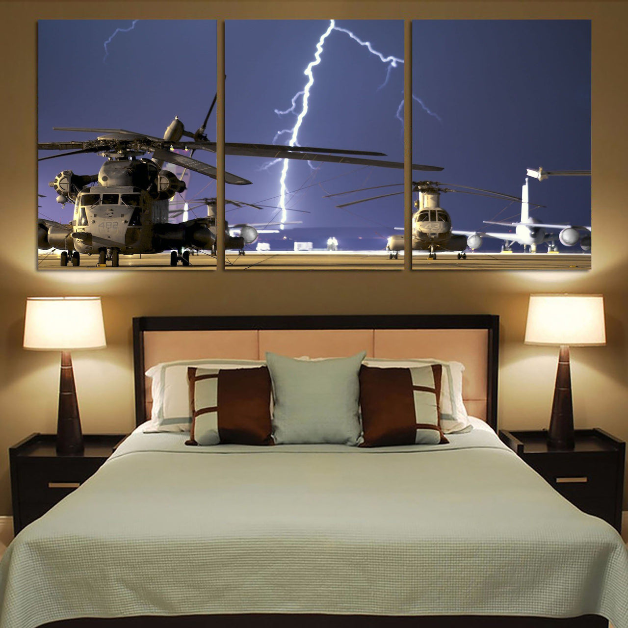 Helicopter & Lighting Strike Printed Canvas Posters (3 Pieces) Aviation Shop 