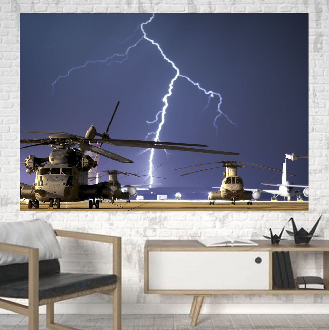 Helicopter & Lighting Strike Printed Canvas Posters (1 Piece) Aviation Shop 