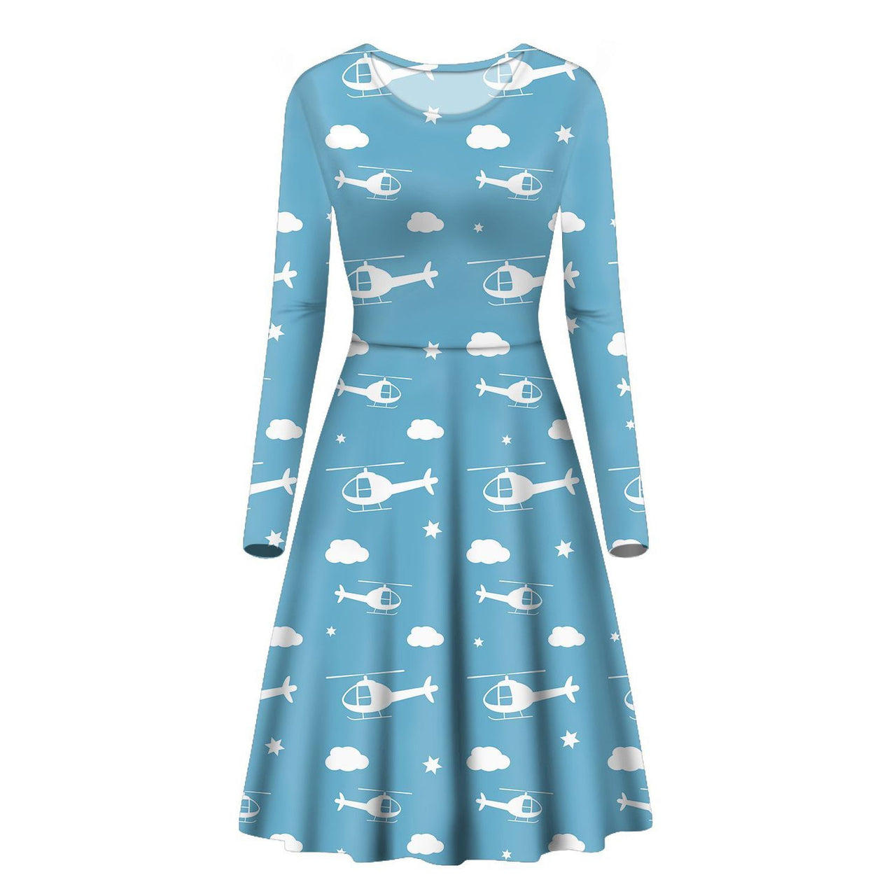 Helicopters & Clouds Designed Long Sleeve Women Midi Dress