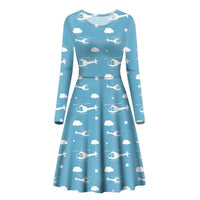 Thumbnail for Helicopters & Clouds Designed Long Sleeve Women Midi Dress